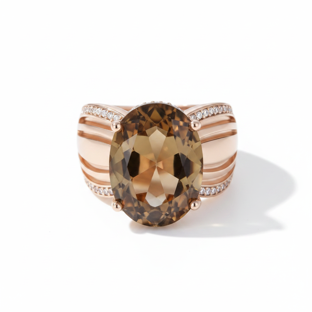 Natural Brown Zircon Rose Gold Solitaire Ring – Front Facing White Background