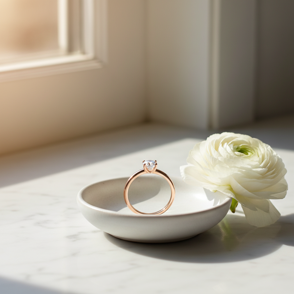 Natural Zircon Rose Gold Solitaire Ring – Ceramic Dish Lifestyle