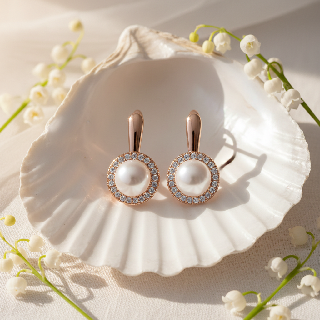 Pearl Rose Gold Pavé Halo Earrings – Oyster Shell Natural Light Lifestyle