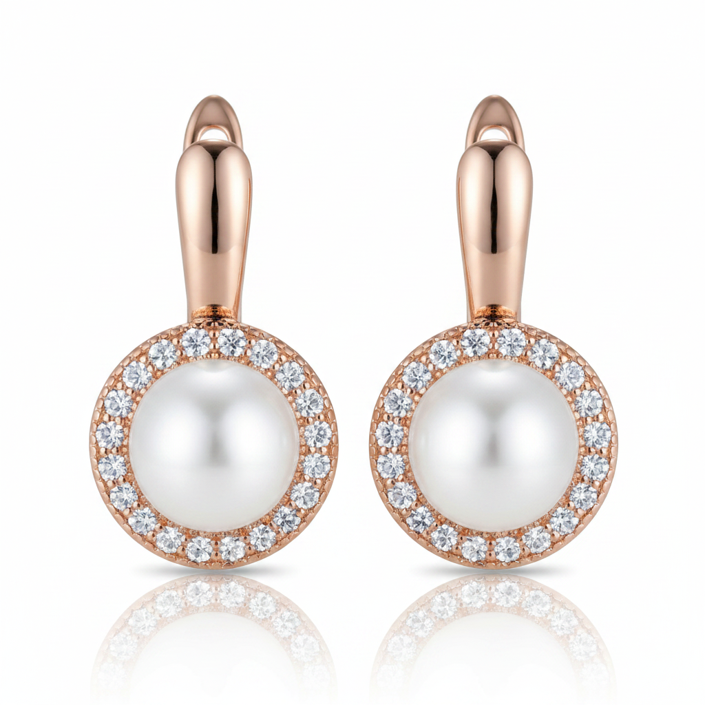 Pearl Rose Gold Pavé Halo English Lock Earrings – Front Facing White Background