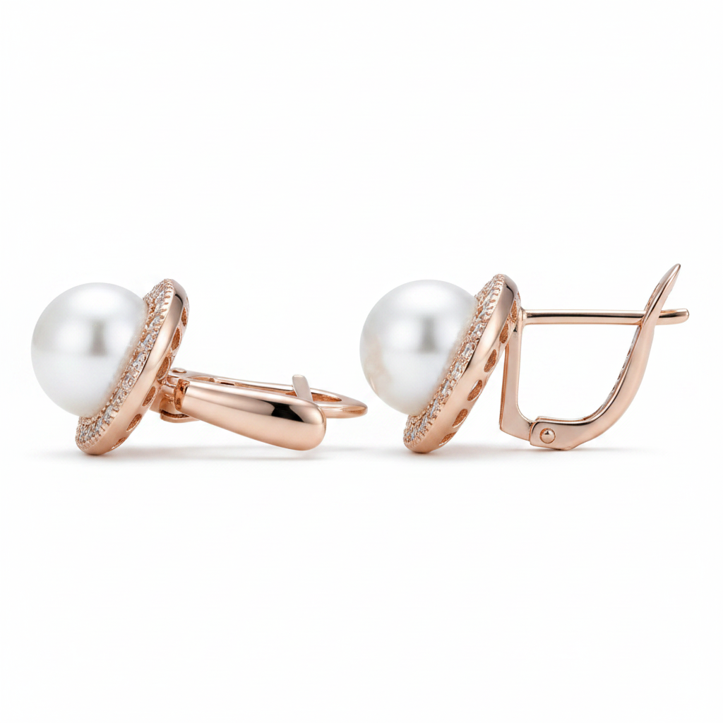 Pearl Rose Gold Pavé Halo English Lock Earrings – Side Profile White Background