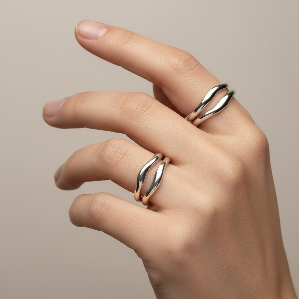 Person wearing two silver stackable rings on separate fingers