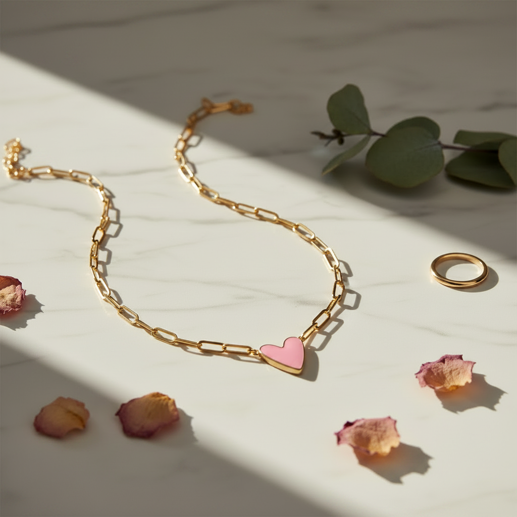 Pink Enamel Heart Necklace Lifestyle 1:1