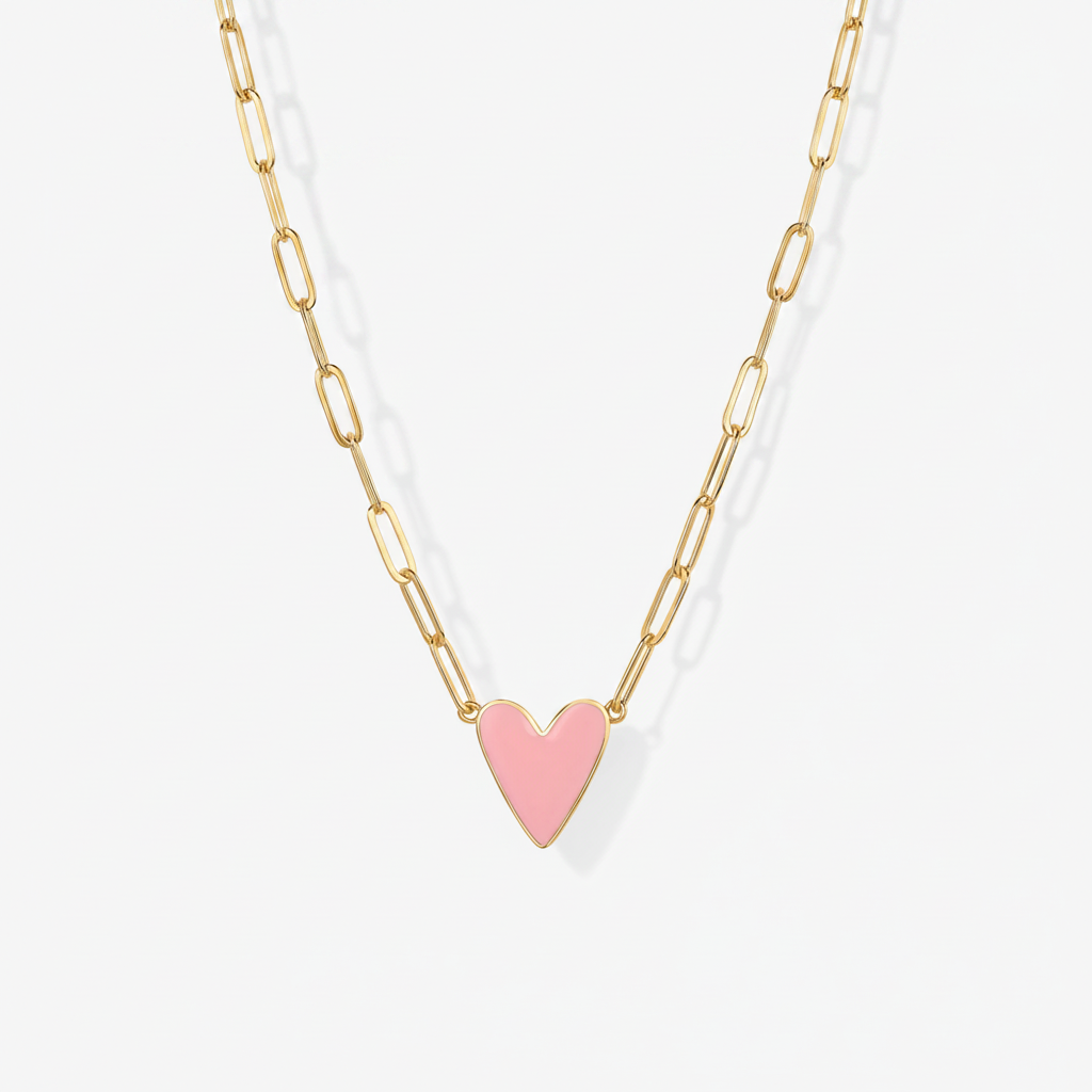 Pink Enamel Heart Pendant Necklace