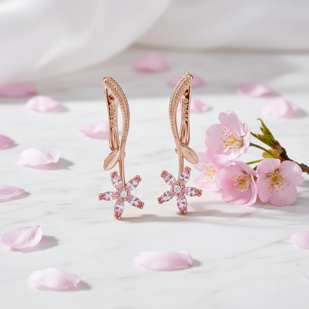 Pink Zircon Rose Gold Flower Drop Earrings – Cherry Blossom Natural Light Lifestyle