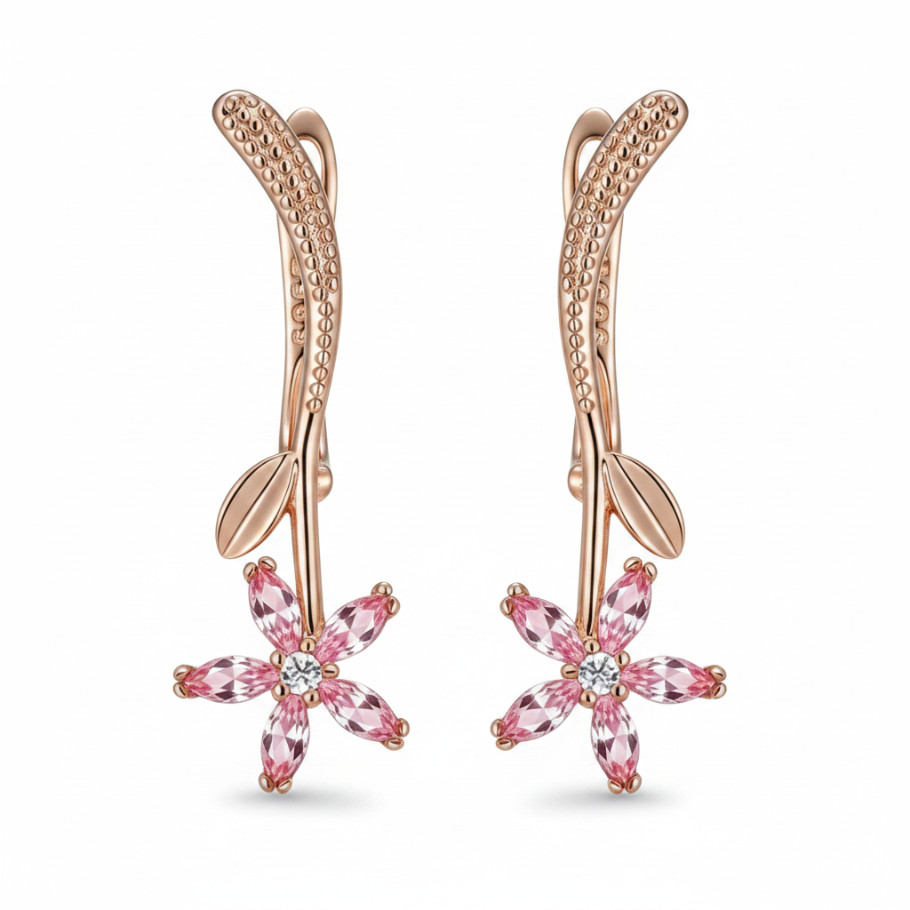 Pink Zircon Rose Gold Flower Drop Earrings – Front Facing White Background