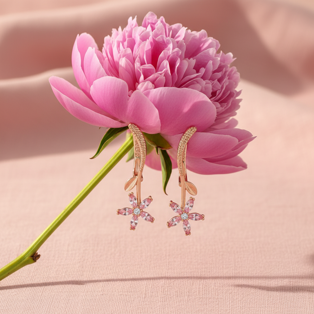 Pink Zircon Rose Gold Flower Drop Earrings – Peony Blush Linen Lifestyle