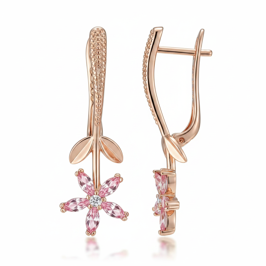 Pink Zircon Rose Gold Flower Drop Earrings – Side Profile White Background