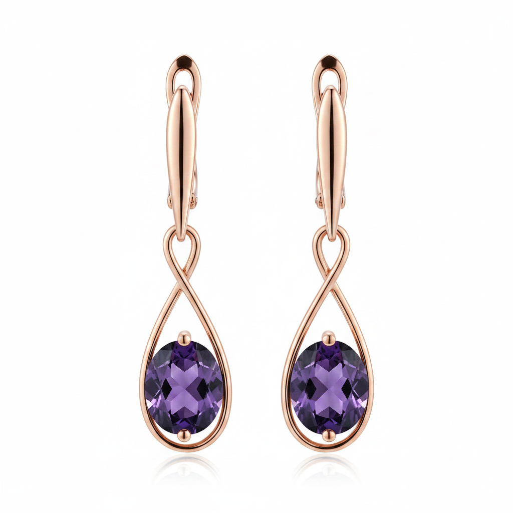 Purple Amethyst Rose Gold Drop Earrings – Front Facing Horizontal White Background