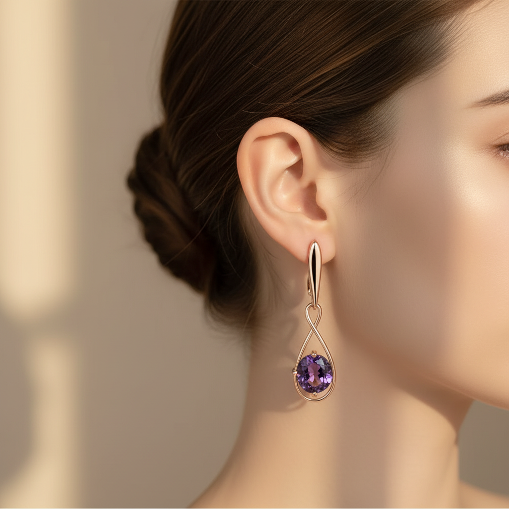Purple Amethyst Rose Gold Drop Earrings – Lifestyle Shot