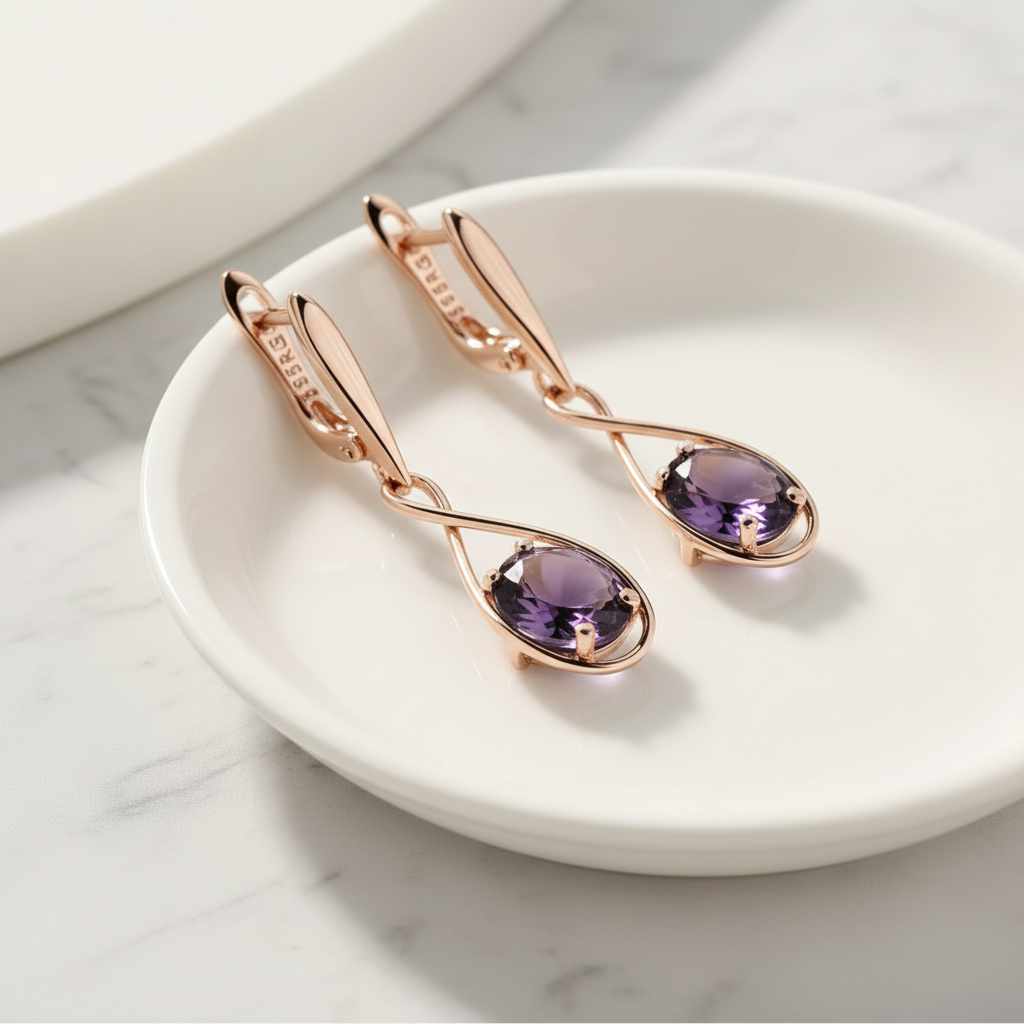 Purple Amethyst Rose Gold Drop Earrings – Solo Lifestyle Shot