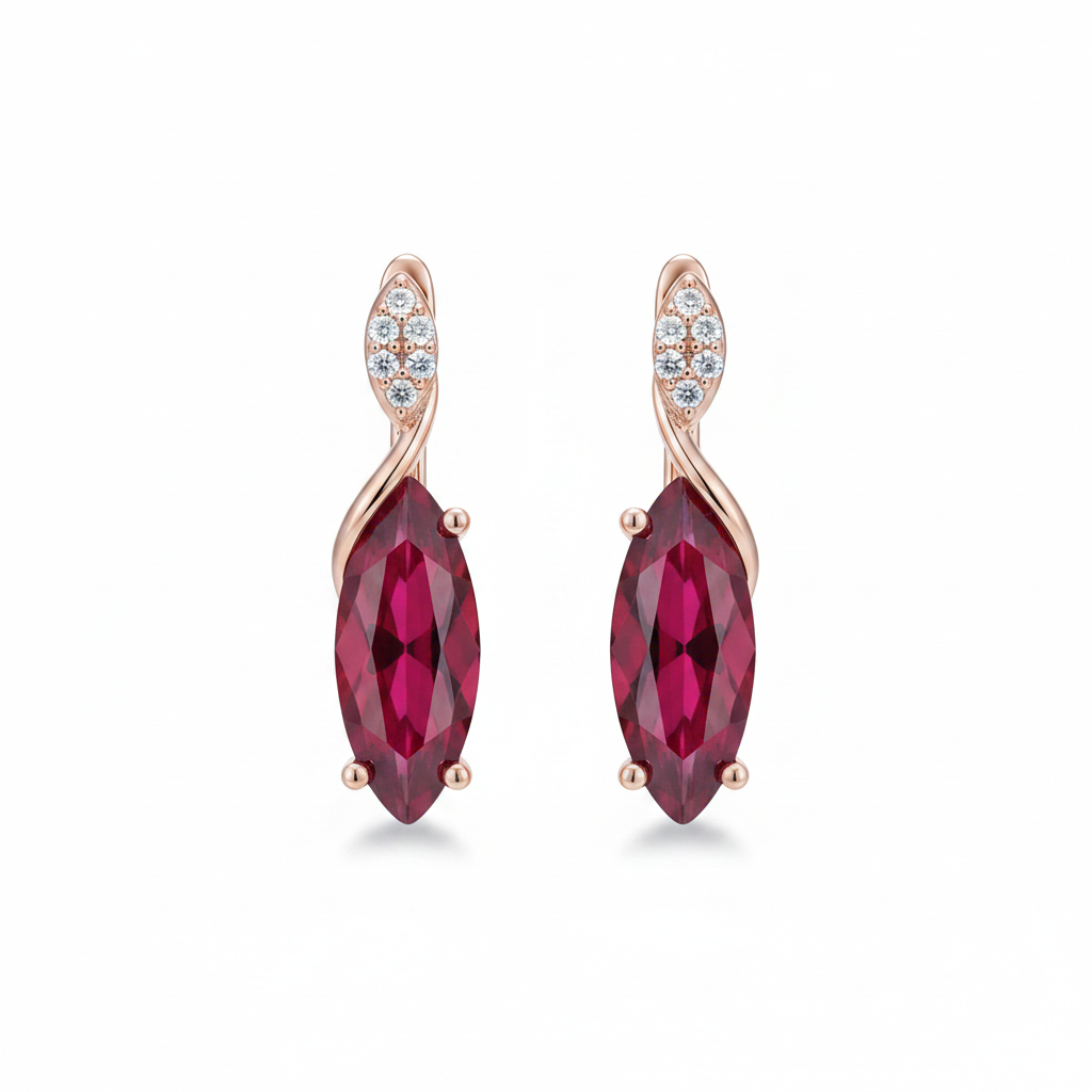 Red Ruby Zircon Rose Gold Drop Earrings – Front Facing Horizontal White Background