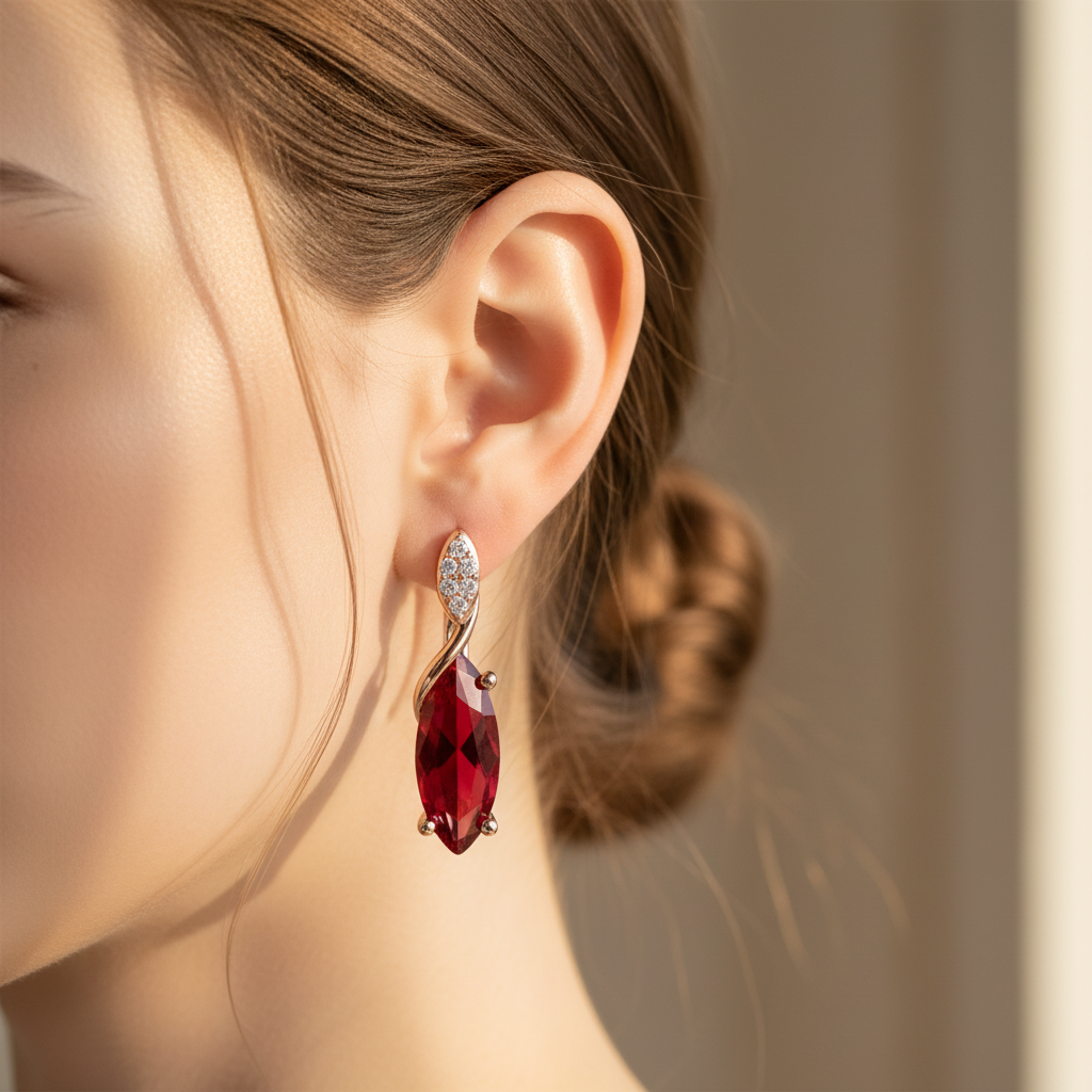 Red Ruby Zircon Rose Gold Drop Earrings – Lifestyle Shot