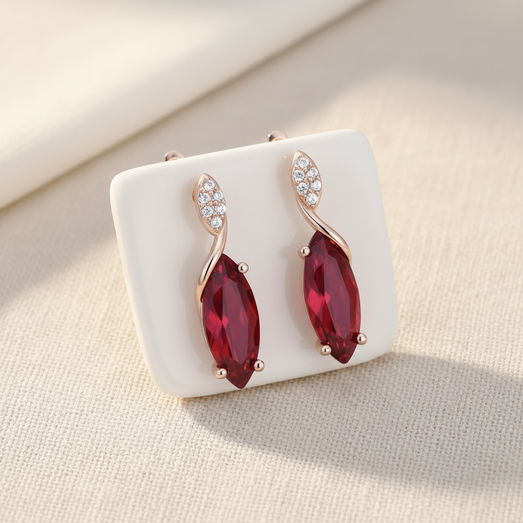 Red Ruby Zircon Rose Gold Drop Earrings – Solo Lifestyle Shot