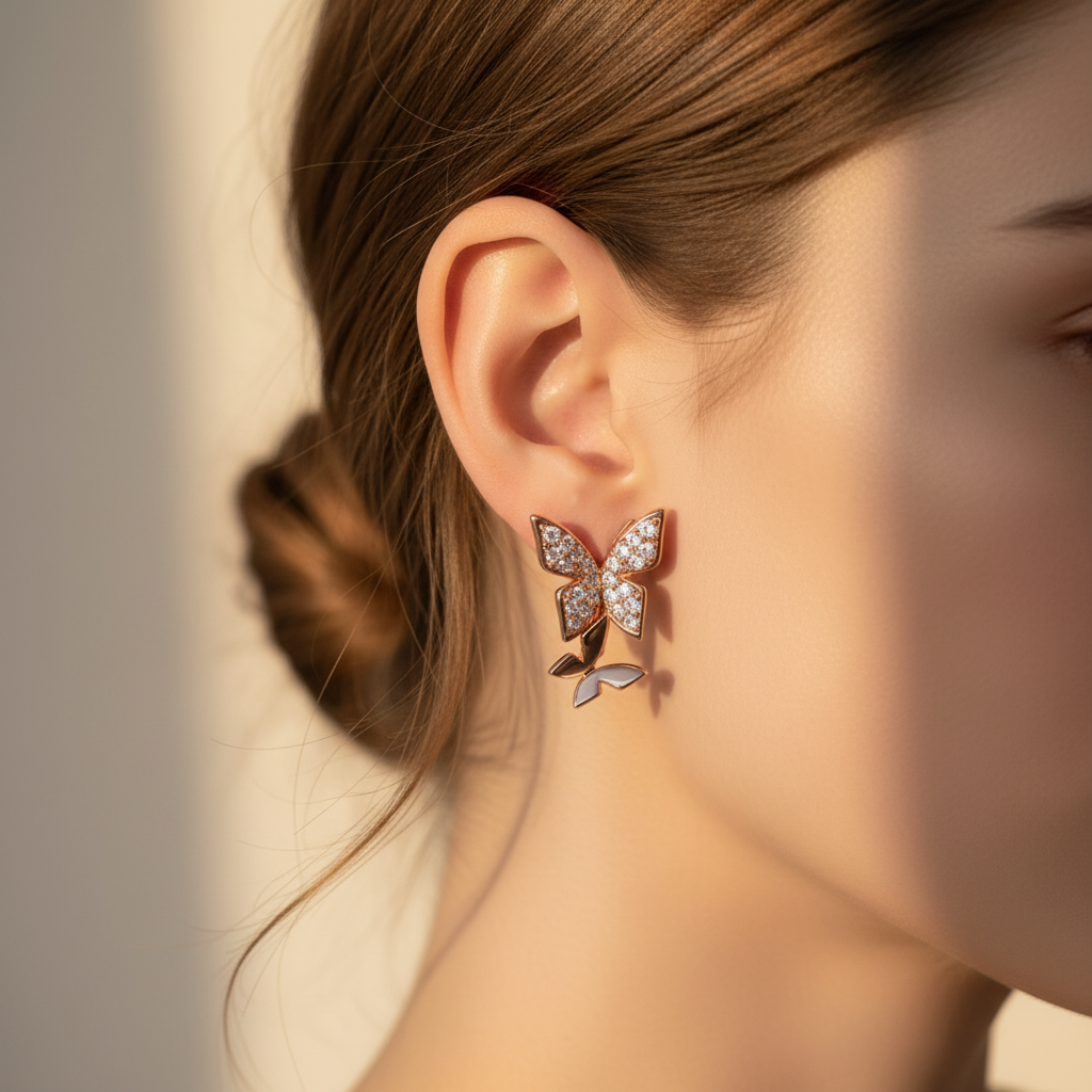 Rose Gold Butterfly Earrings – Lifestyle Shot