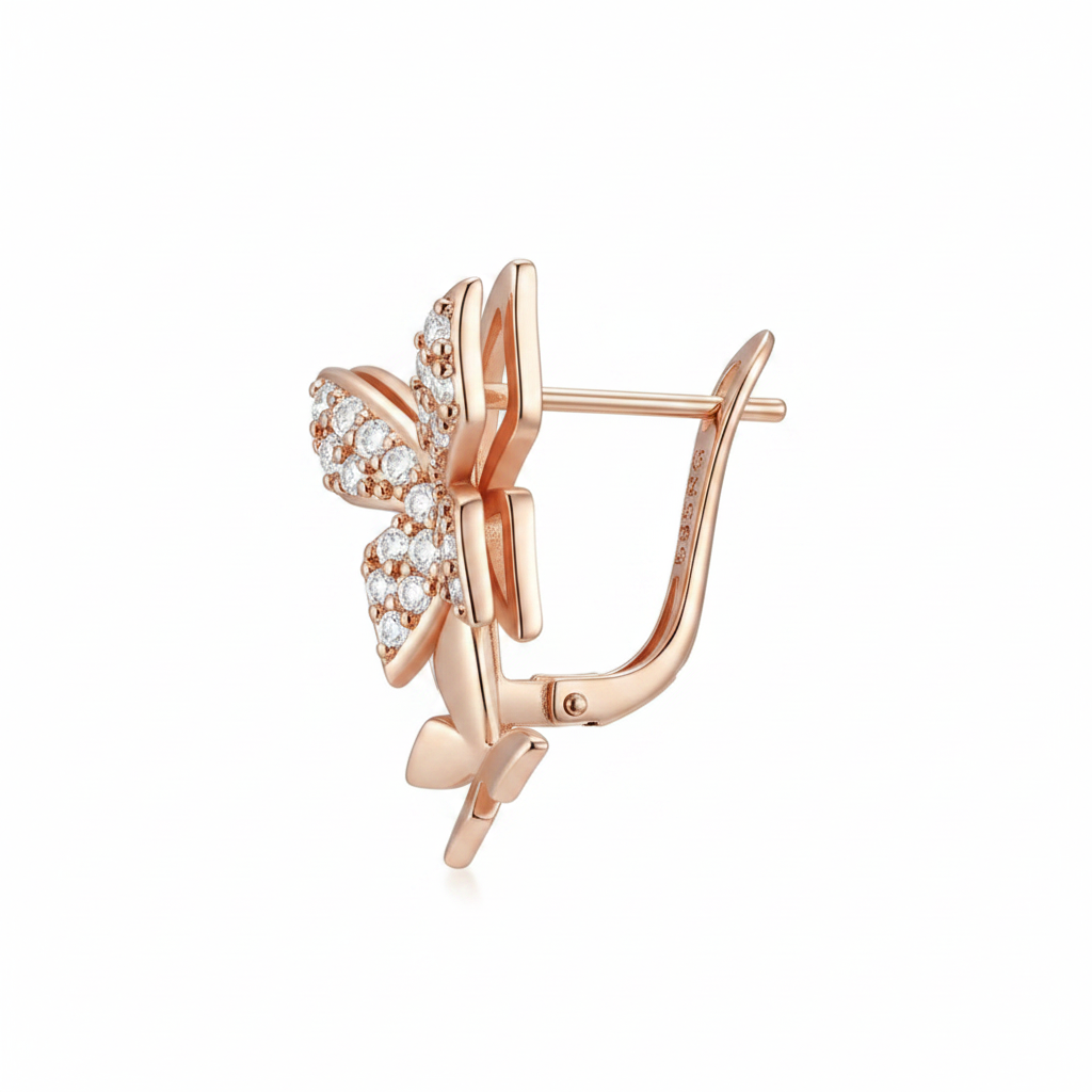 Rose Gold Butterfly Earrings – Side View White Background