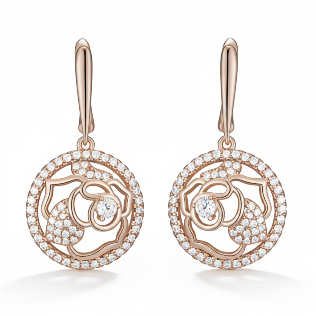 Rose Gold Circular Flower Drop Earrings – Front Facing Horizontal White Background