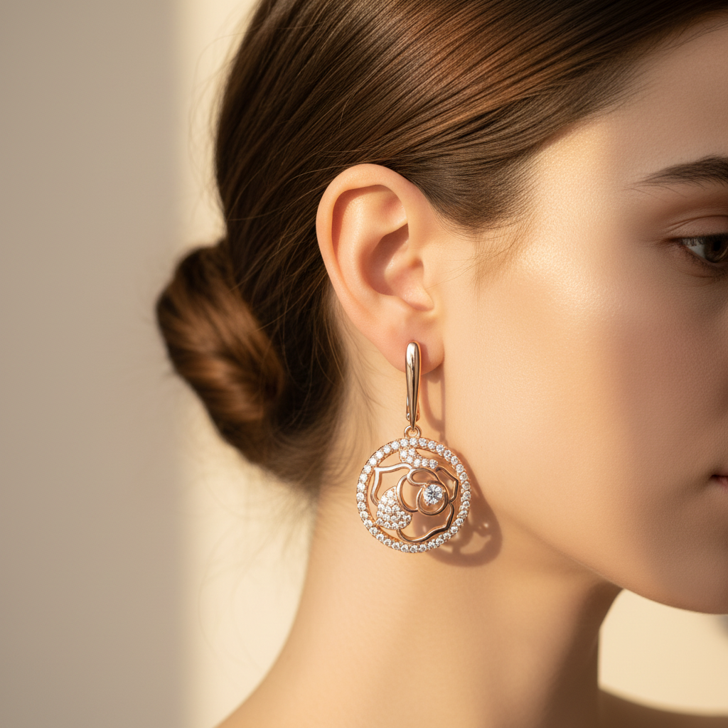 Rose Gold Circular Flower Drop Earrings – Lifestyle Shot