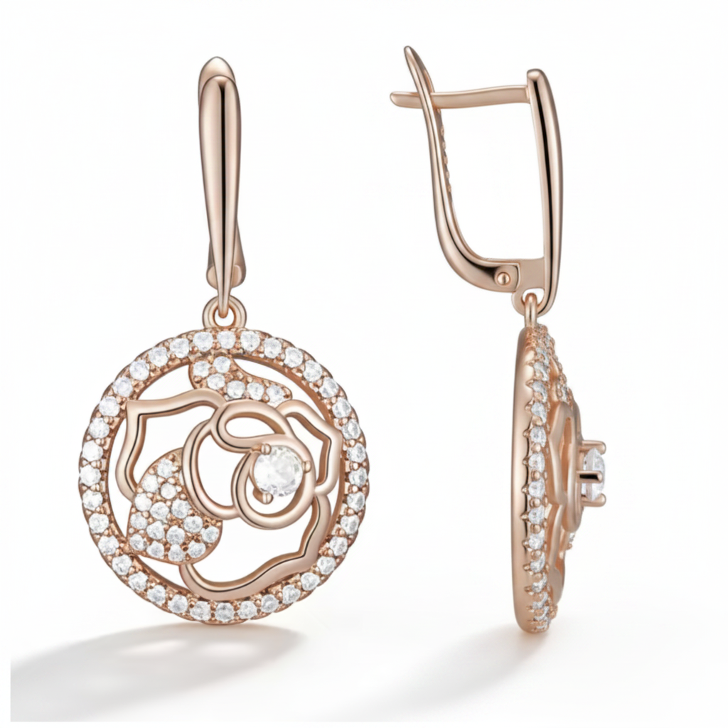 Rose Gold Circular Flower Drop Earrings – Right Facing English Lock Profile