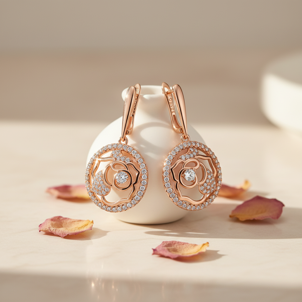 Rose Gold Circular Flower Drop Earrings – Solo Lifestyle Shot