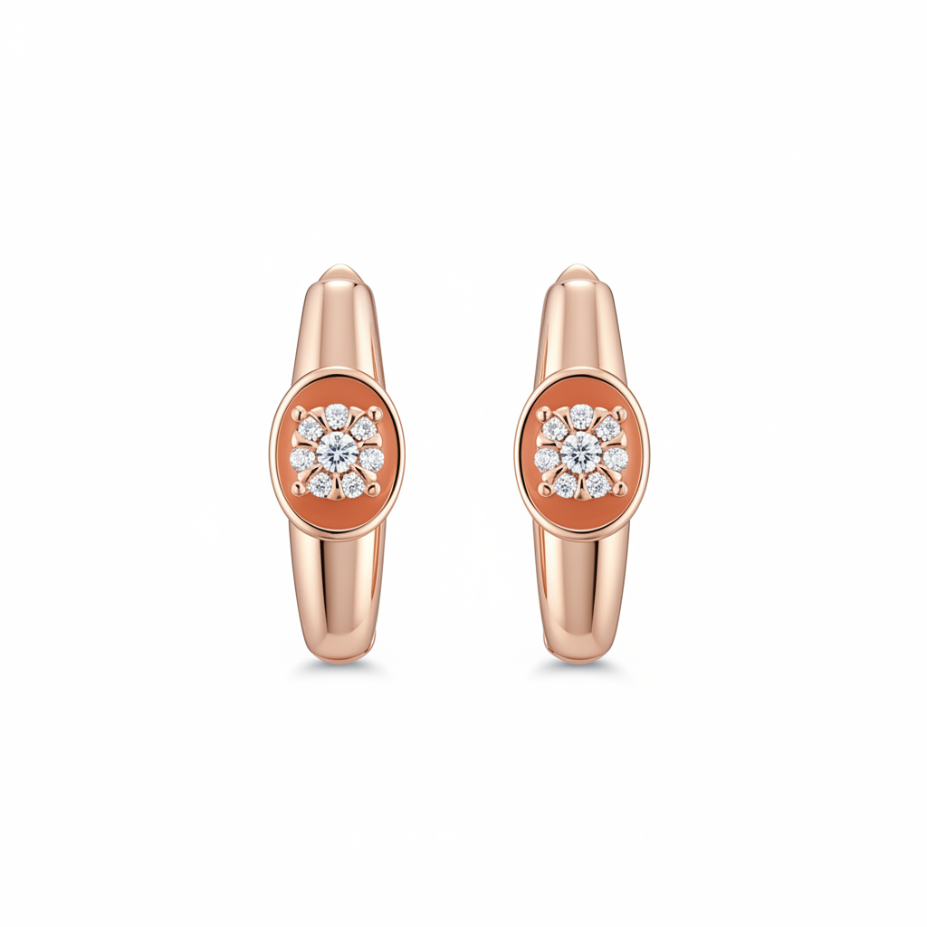 Rose Gold Diamond Flower Earrings White Background