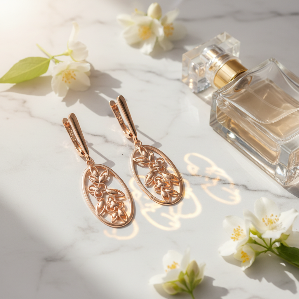 Rose Gold Filigree Flower Drop Earrings – Perfume Bottle Lifestyle