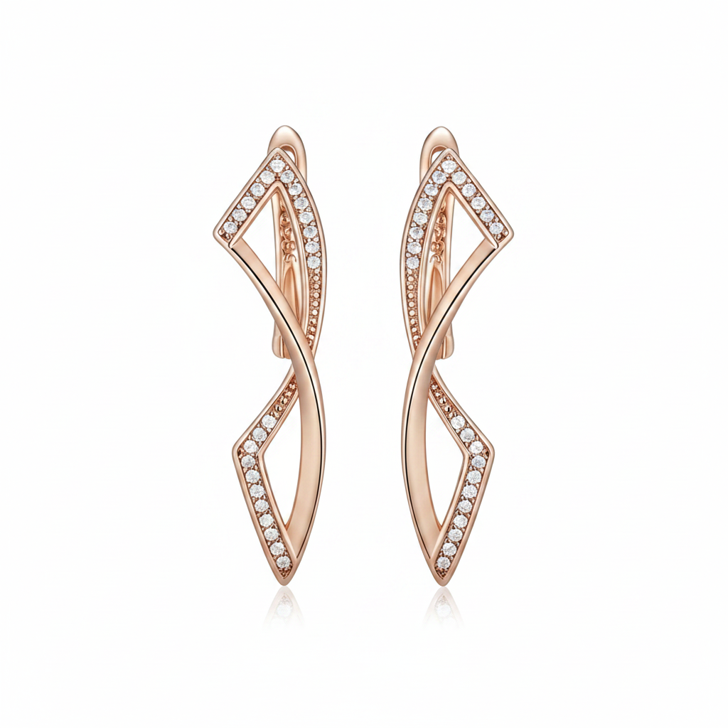 Rose Gold Geometric Drop Earrings – Front Facing Horizontal White Background