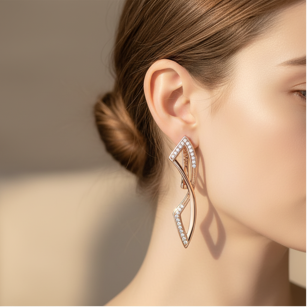Rose Gold Geometric Drop Earrings – Lifestyle Shot