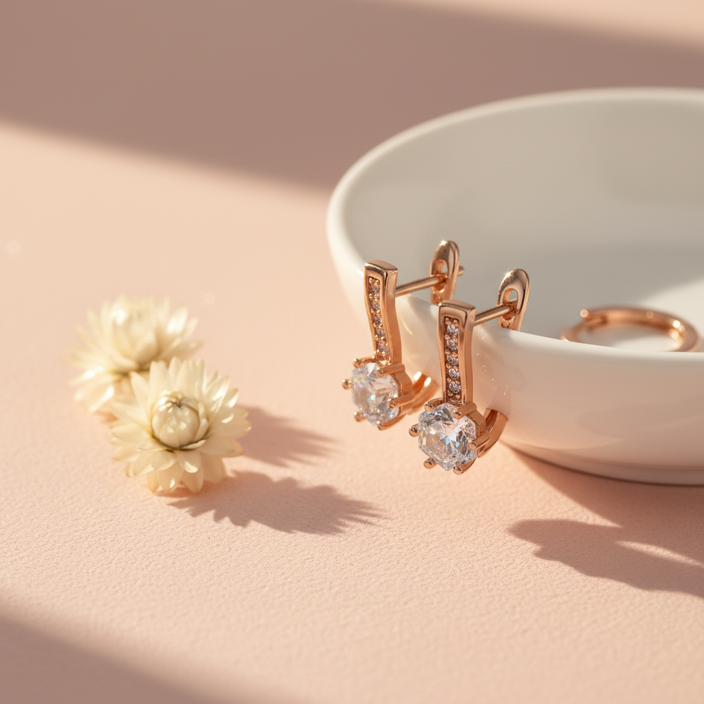 Rose Gold Hexagonal Zircon English Lock Earrings – Ceramic Dish Lifestyle