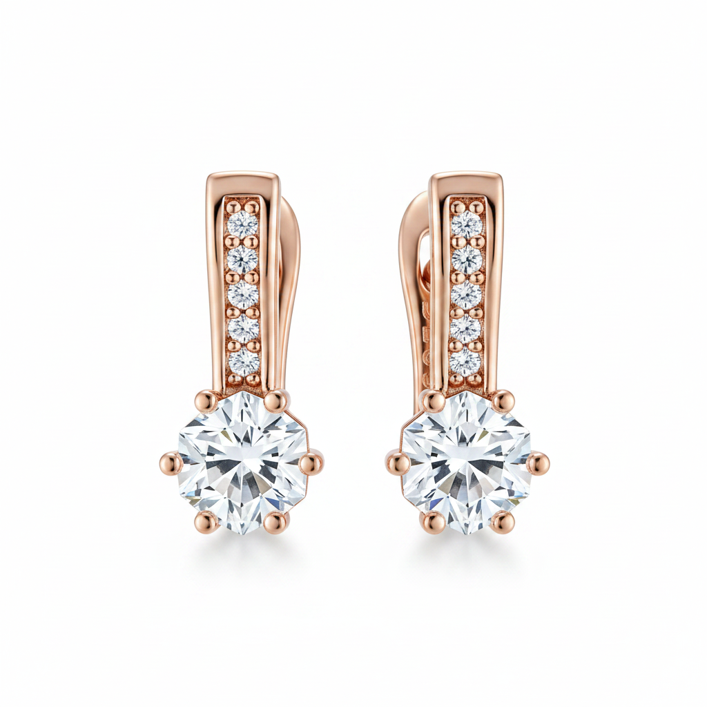 Rose Gold Hexagonal Zircon English Lock Earrings – Front Facing White Background