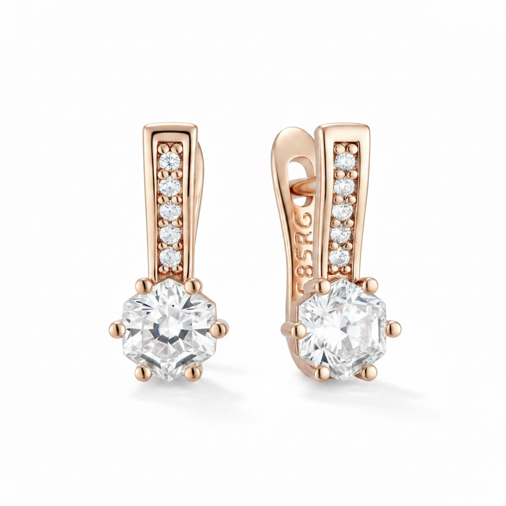 Rose Gold Hexagonal Zircon English Lock Earrings – Left Angled Profile White Background