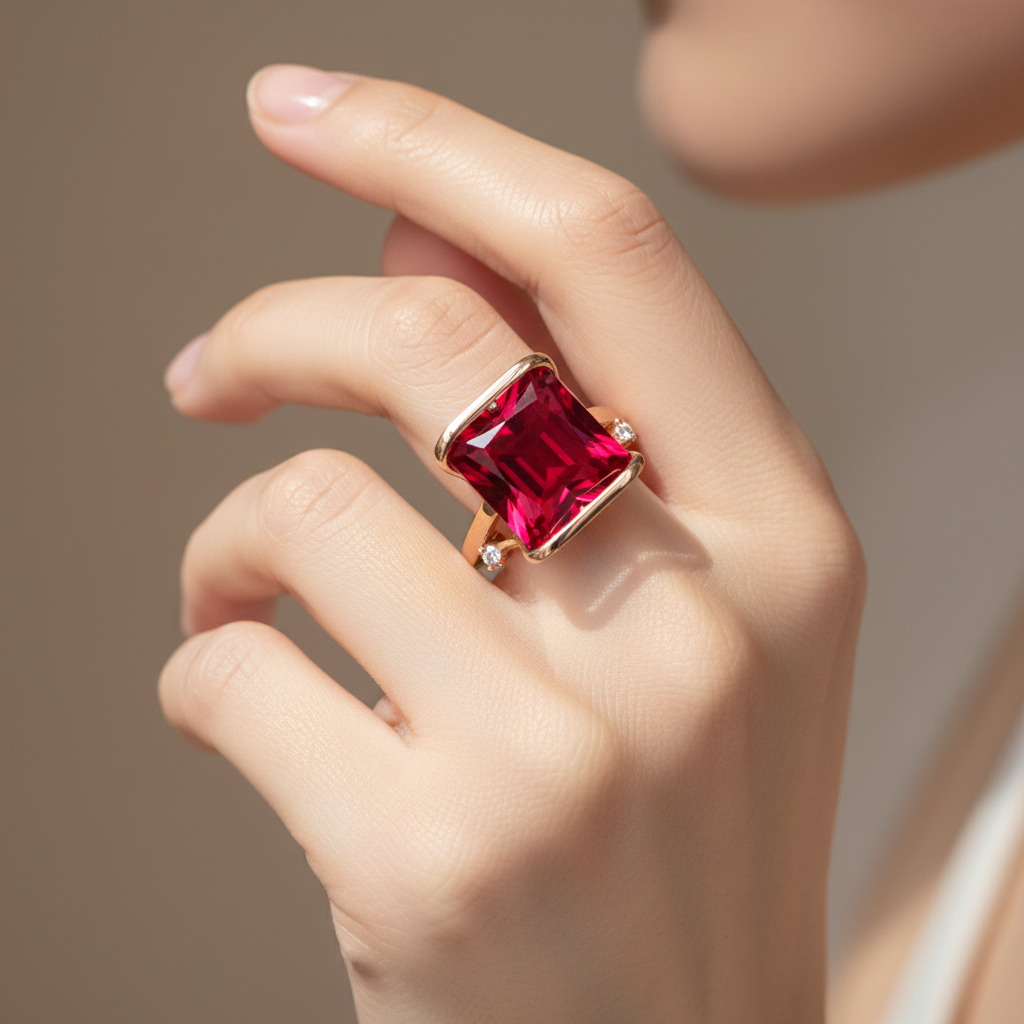 Rose Gold Princess Cut Ruby Ring – Lifestyle Shot