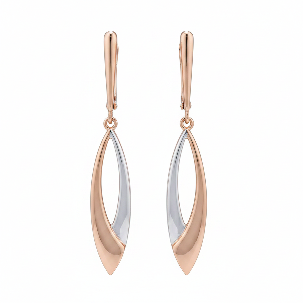 Rose Gold & Silver Two-Tone Drop Earrings – Front Facing White Background
