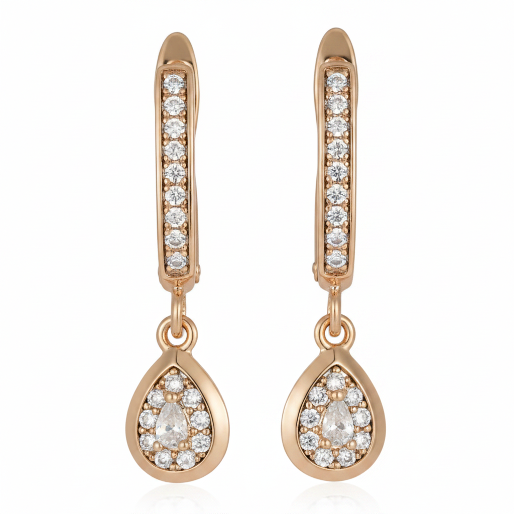 Rose Gold Studded Teardrop Drop Earrings — Pure White