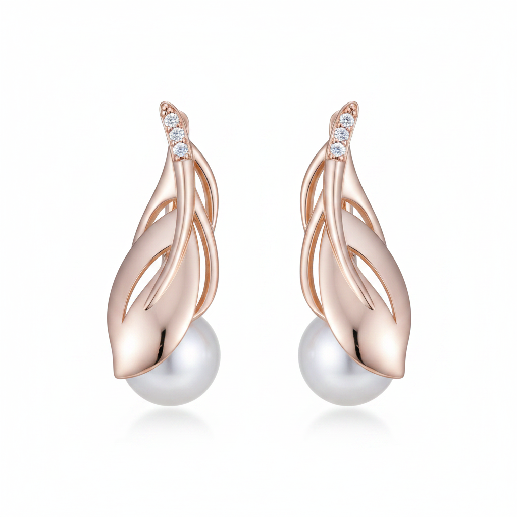 Rose Gold Twisted Leaf Pearl Drop Earrings – Front Facing Tight Crop White Background