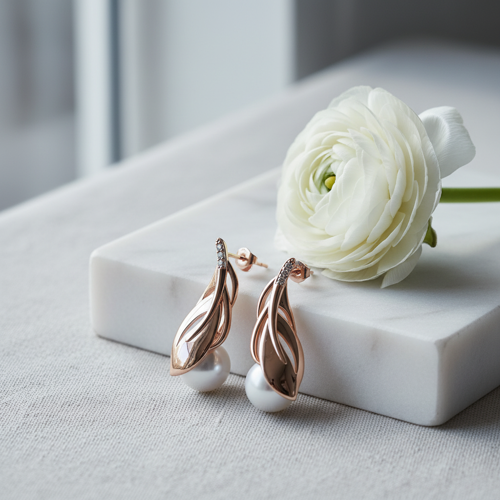 Rose Gold Twisted Leaf Pearl Drop Earrings – Marble Block Ranunculus Lifestyle