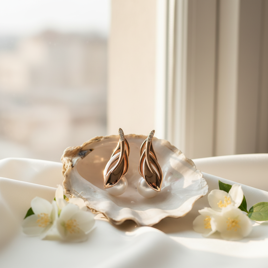 Rose Gold Twisted Leaf Pearl Drop Earrings – Oyster Shell Silk Natural Light Lifestyle
