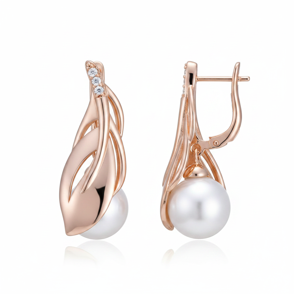 Rose Gold Twisted Leaf Pearl Drop Earrings – Side Profile White Background