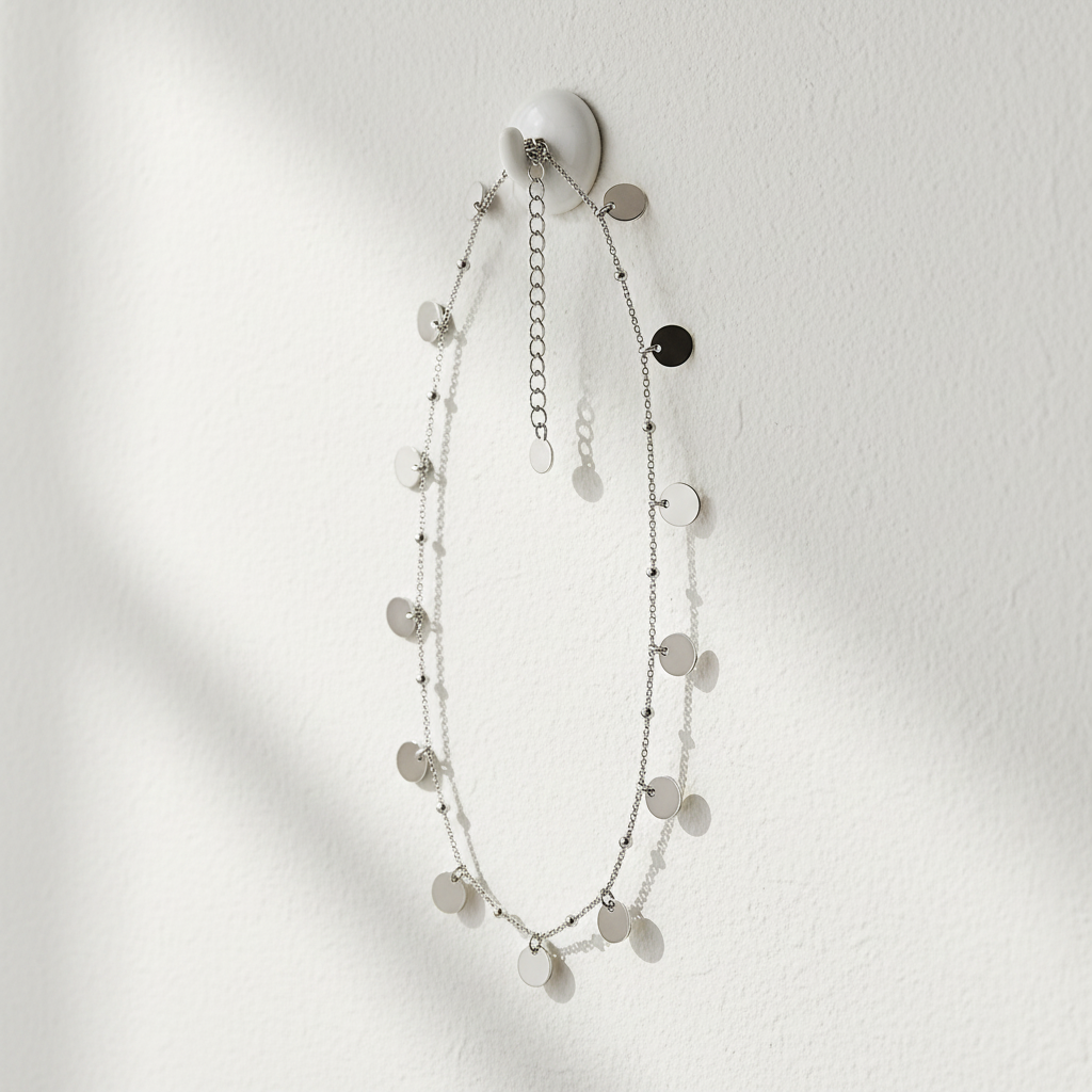Silver Disc Charm Choker Necklace – Hanging Lifestyle Shot