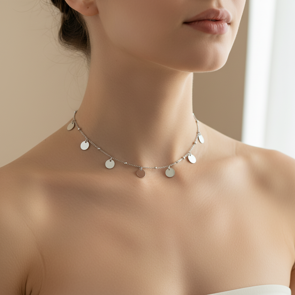 Silver Disc Charm Choker Necklace – Worn Lifestyle Shot