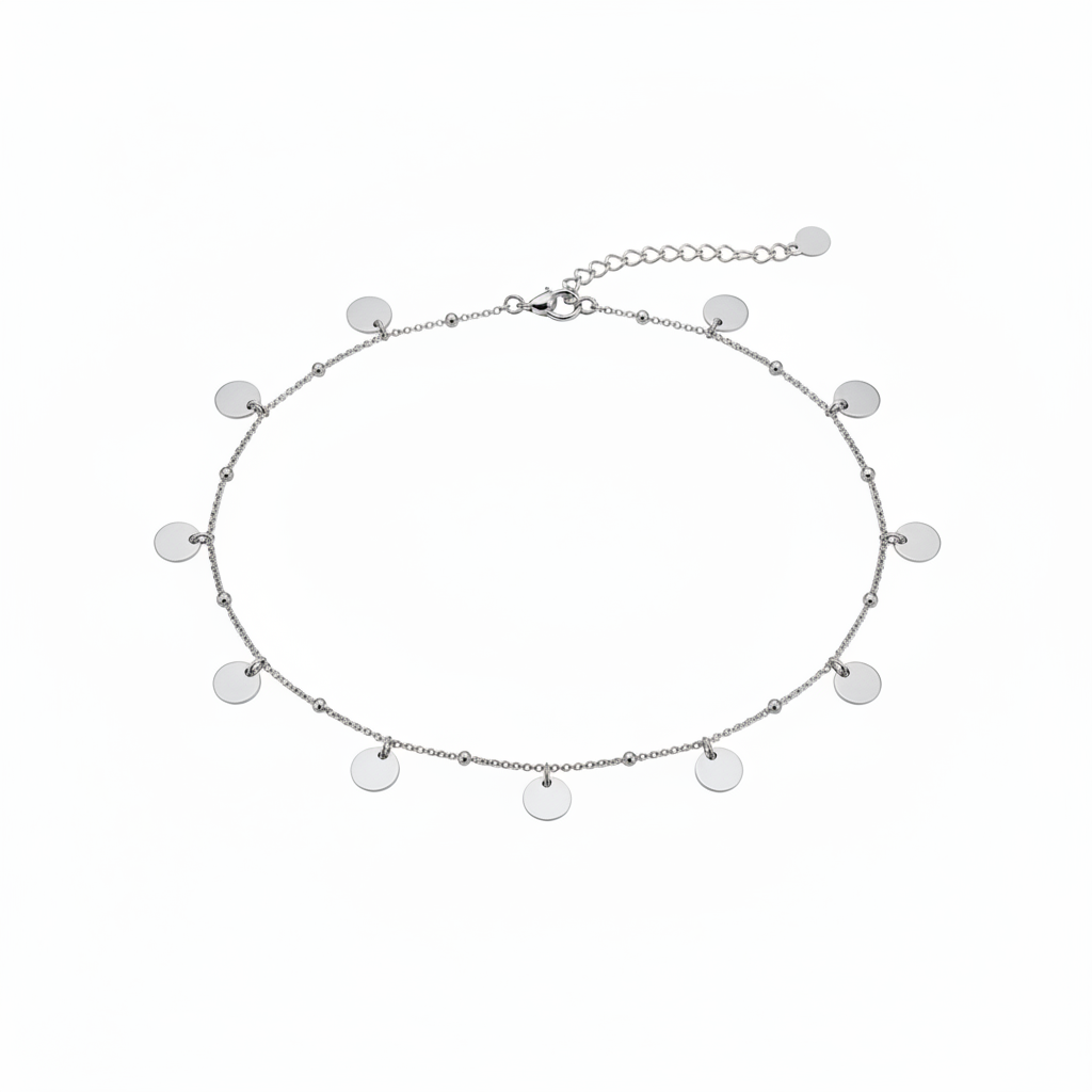 Silver Disc Charm Satellite Chain Choker Necklace – Front Facing Horizontal White Background