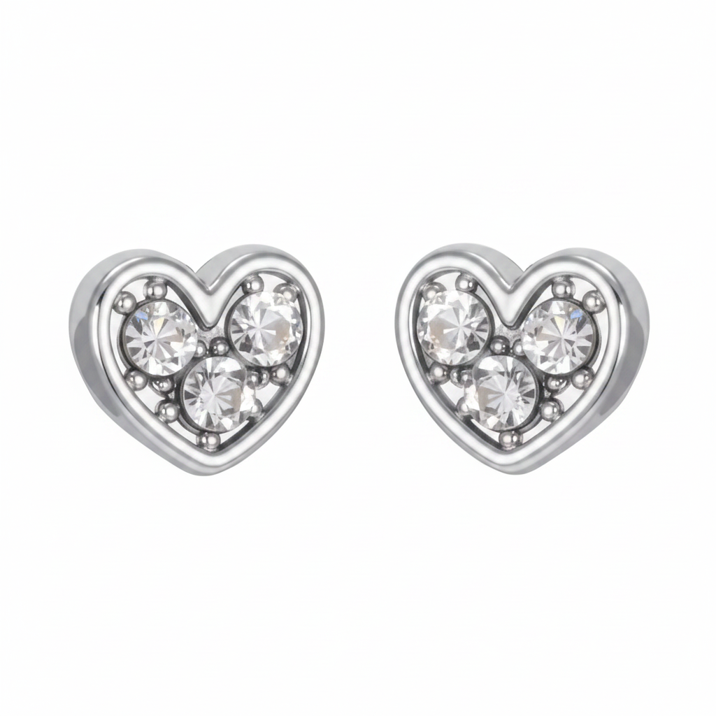 Silver Heart Zircon Stud Earrings – Front Facing Horizontal White Background
