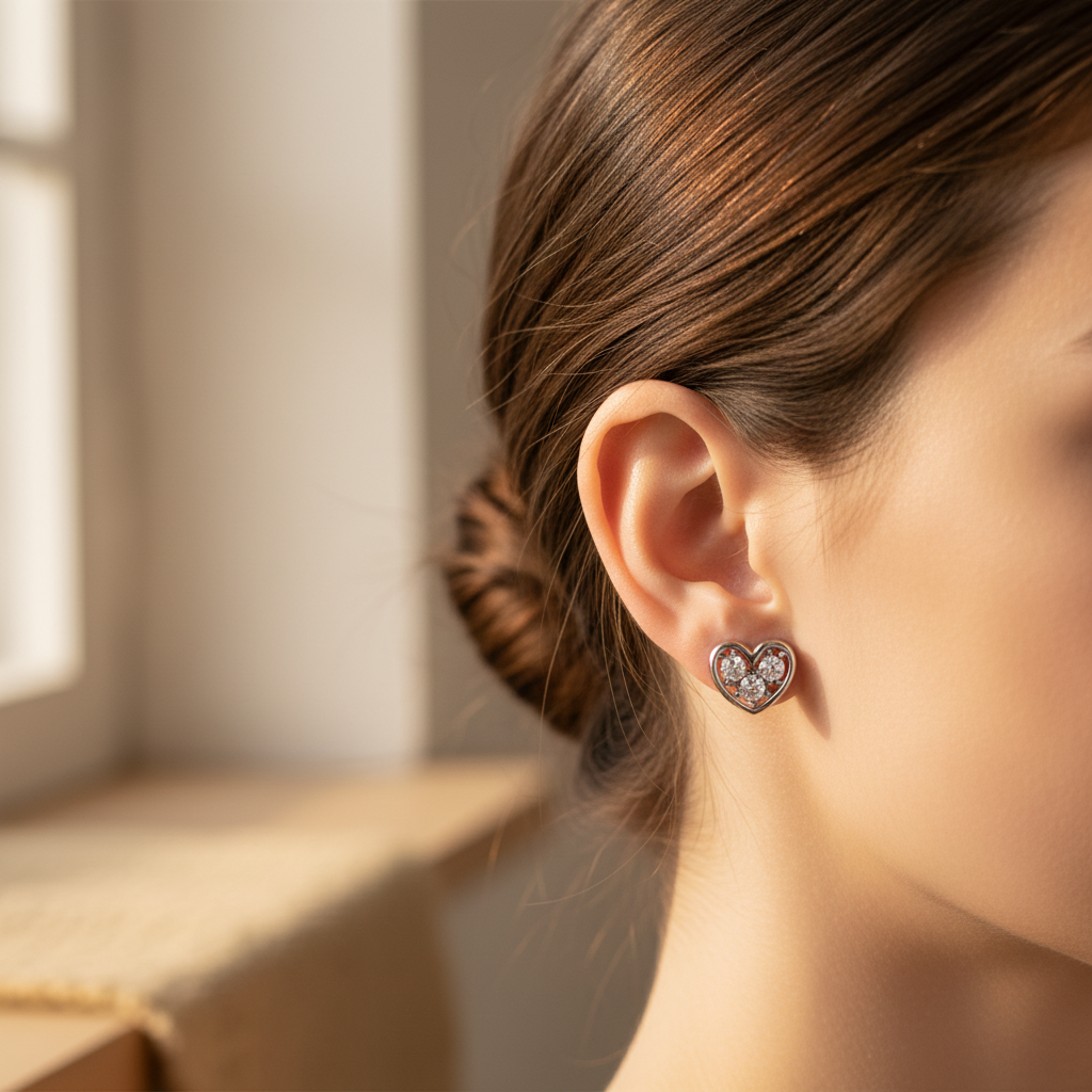 Silver Heart Zircon Stud Earrings – Lifestyle Shot