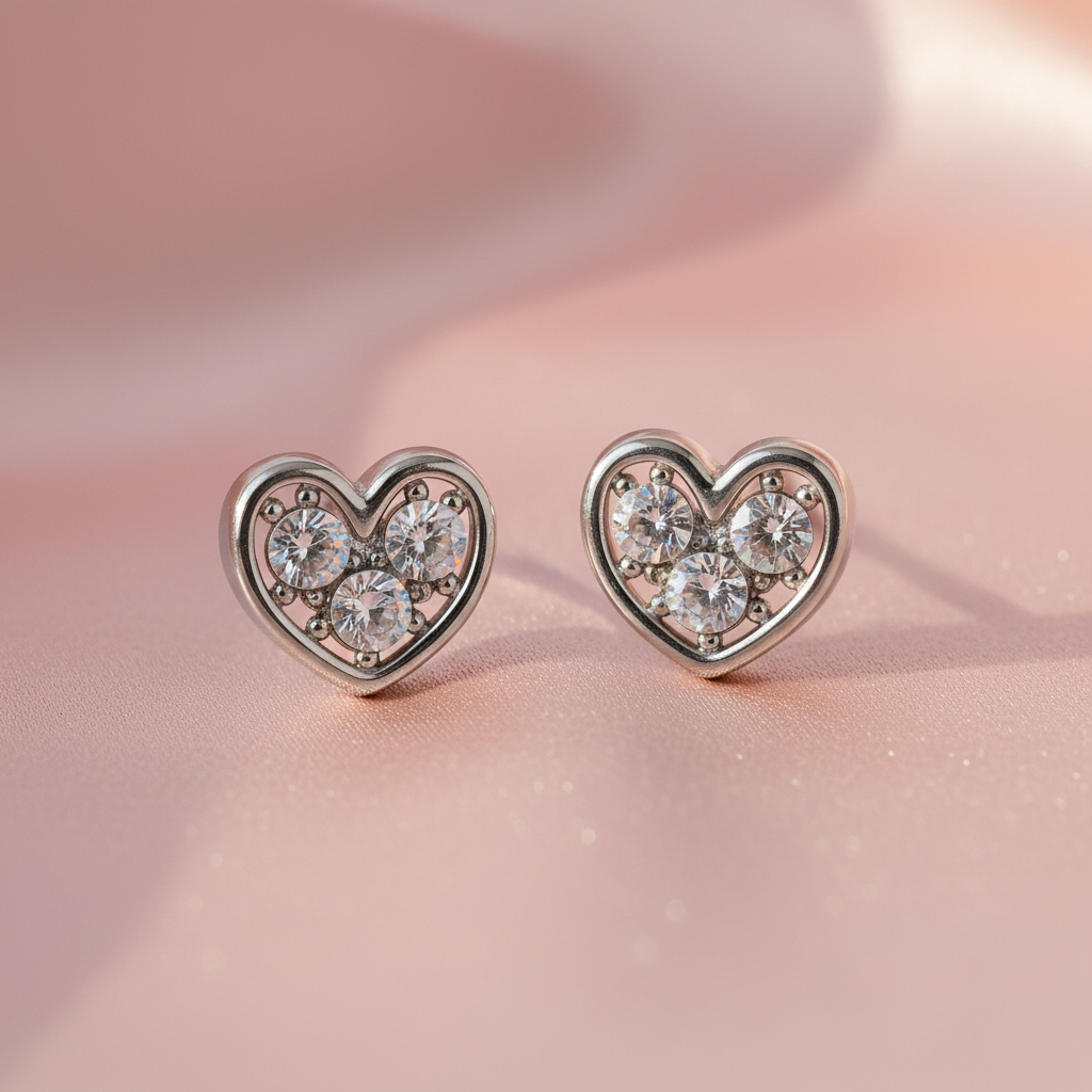 Silver Heart Zircon Stud Earrings – Solo Lifestyle Shot