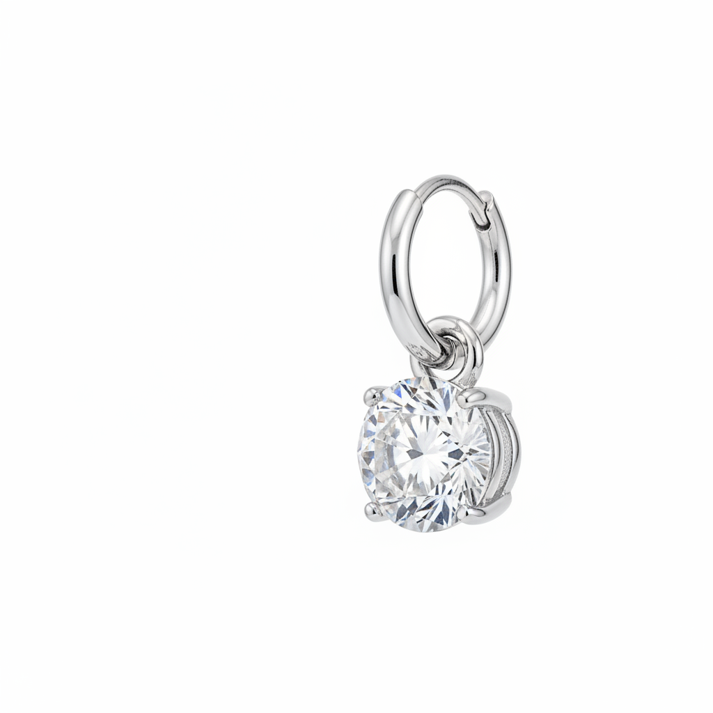 Silver Round Zircon Drop Earring — Off-Centre White