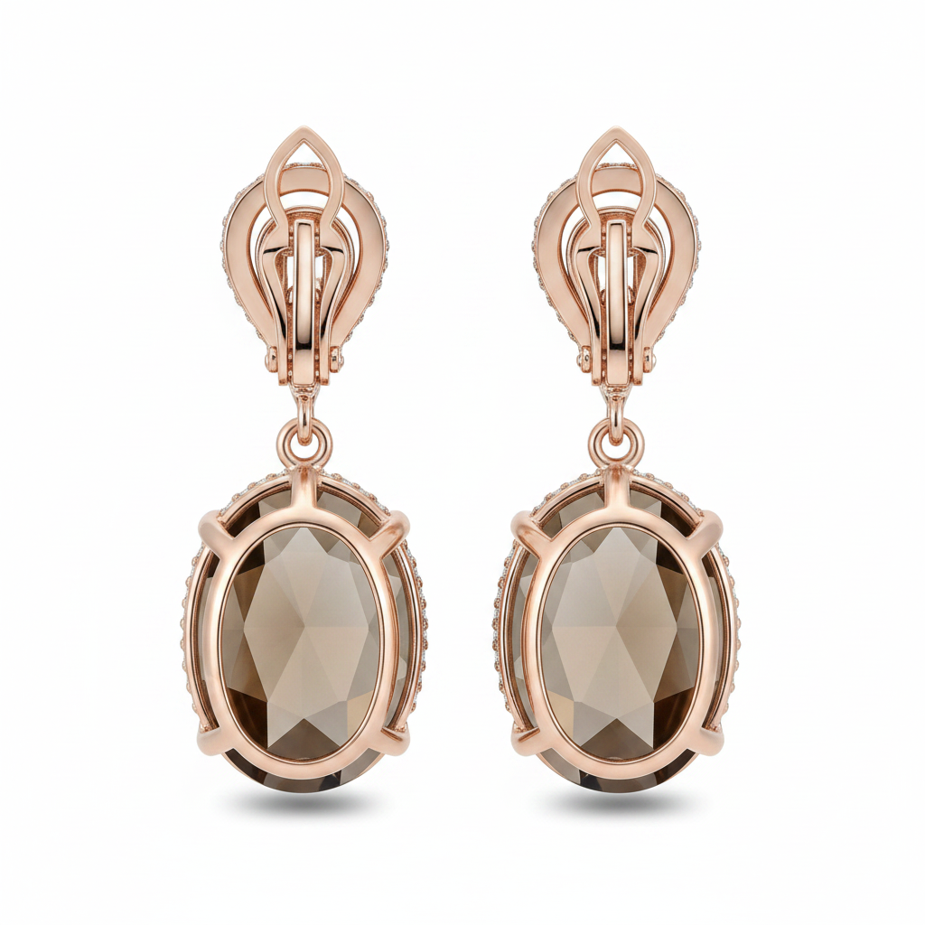 Smoky Quartz Rose Gold Drop Earrings – Back View White Background