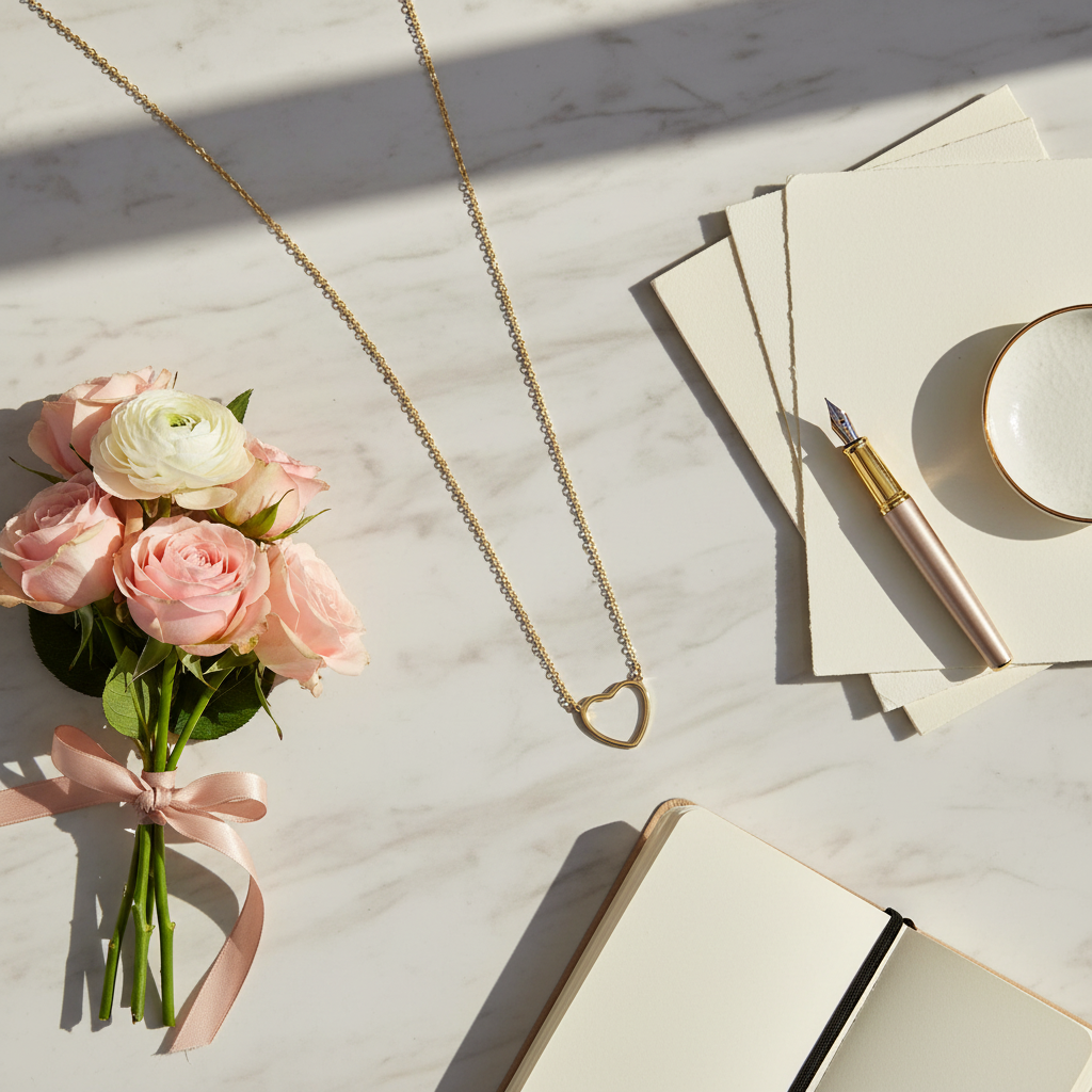 Square lifestyle flat lay of gold heart necklace