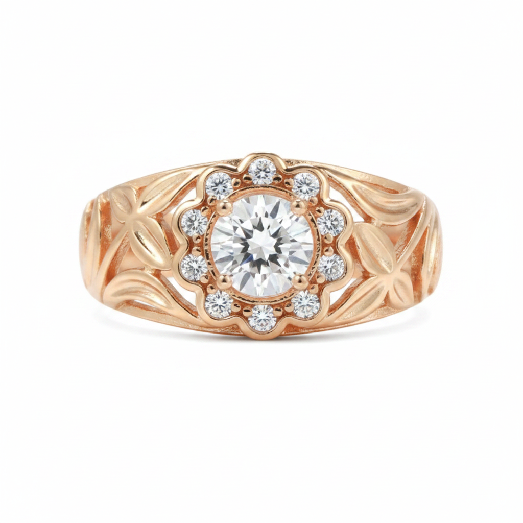 White Zircon Rose Gold Flower Ring – Front Facing Horizontal White Background