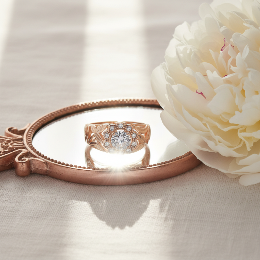White Zircon Rose Gold Flower Ring – Mirror Peony Lifestyle