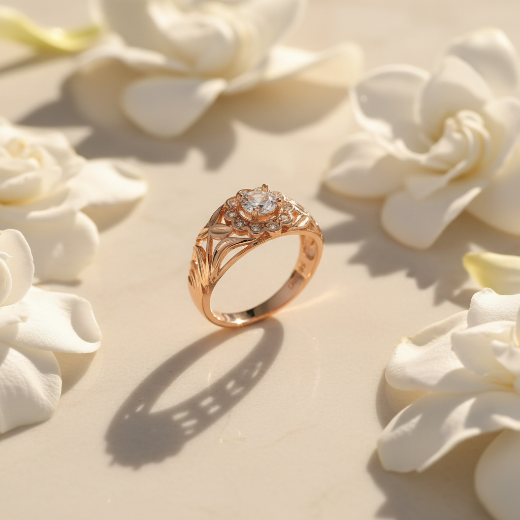 White Zircon Rose Gold Flower Ring – Natural Light Lifestyle